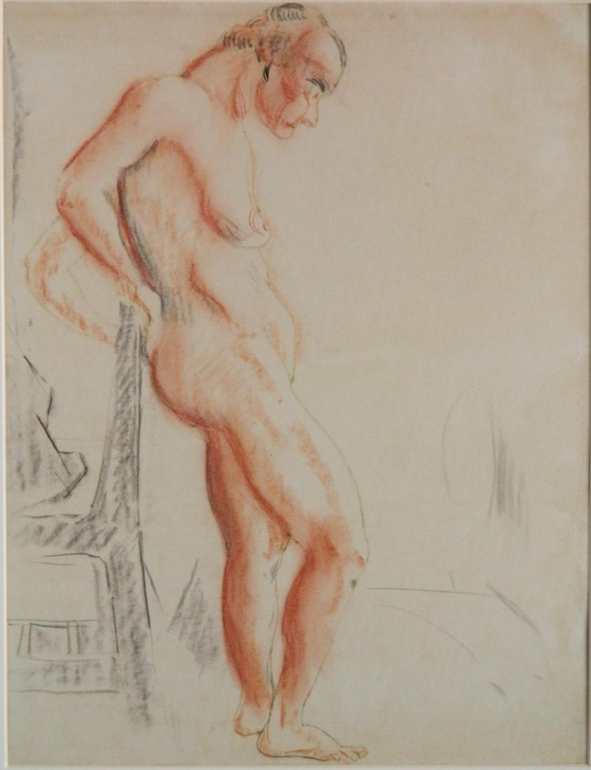 William Sommer ink and chalk: William Sommer (American 1867-1949)- Nude Leaning on Chair- ink and chalk on paper, laid down, small scratch lower left near feet of the figure, 6'' repaired tear right side, toning. 17 x 13''