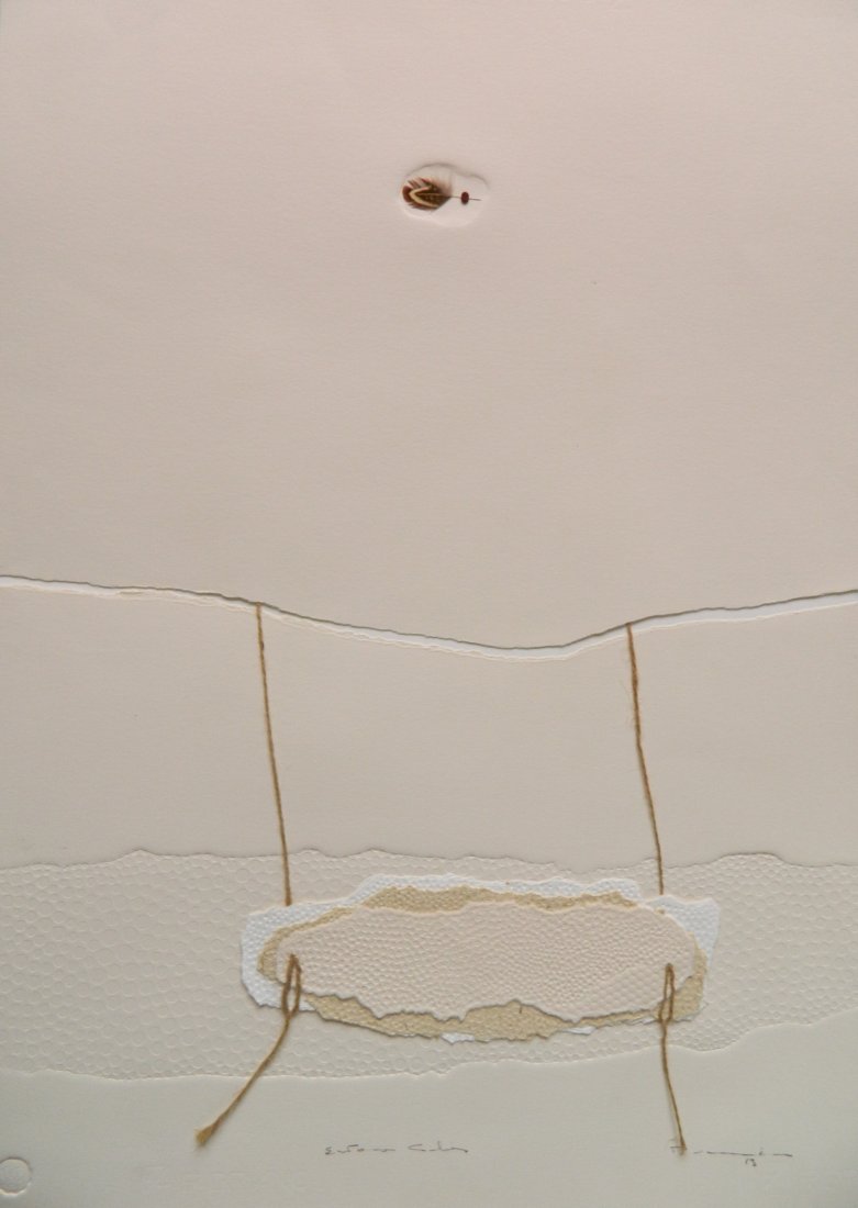 Ricardo Benaim mixed media: Ricardo Benaim (Venezuelan 1949- )- Untitled- mixed media including paper, string and feather, 1983, signed and dated in pencil, illegible inscription (possibly title) in pencil, minor blemishes. 27 5