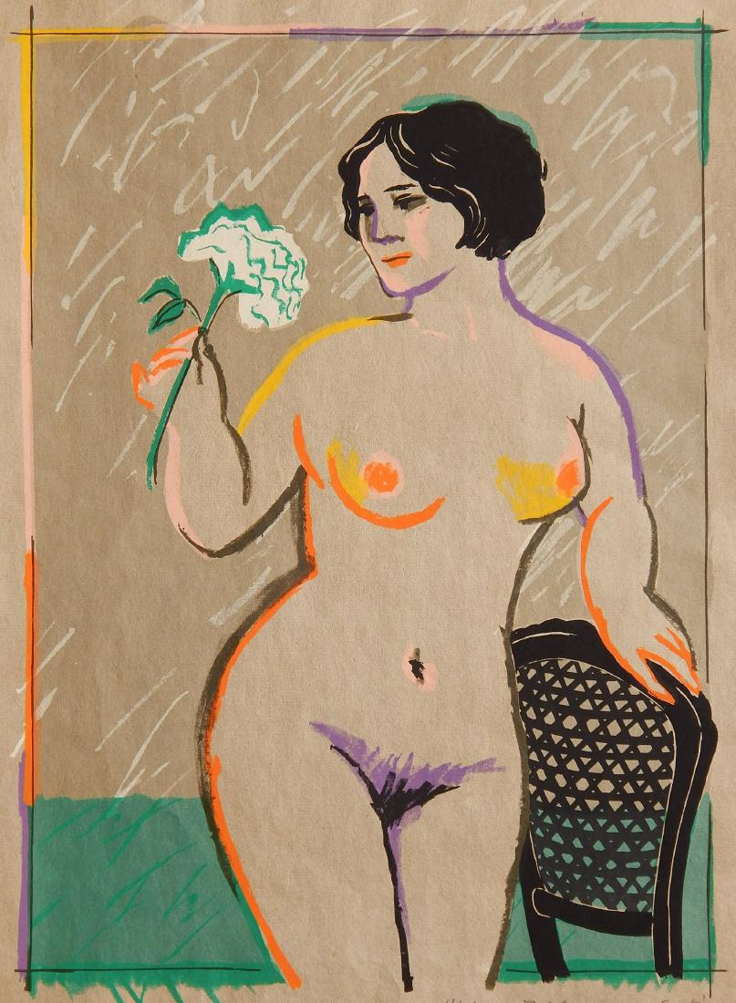 Mayumi Oda silkscreen: Mayumi Oda (Japanese/American 1941- )- ''Nude and White Rose''- silkscreen in colors, signed, titled and numbered 46/55 in pencil. 16 1/4 x 11 3/4''