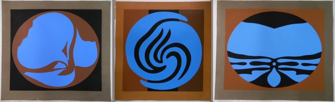 3 Jack Youngerman silkscreens: Jack Youngerman (American 1926- )- Untitled- 3 silkscreen in colors, 1978, all signed, dated and numbered 93/100 in pencil, 1 has tears on edges, otherwise very good condition. 46 3/4 x 51"; 46 1/2 x