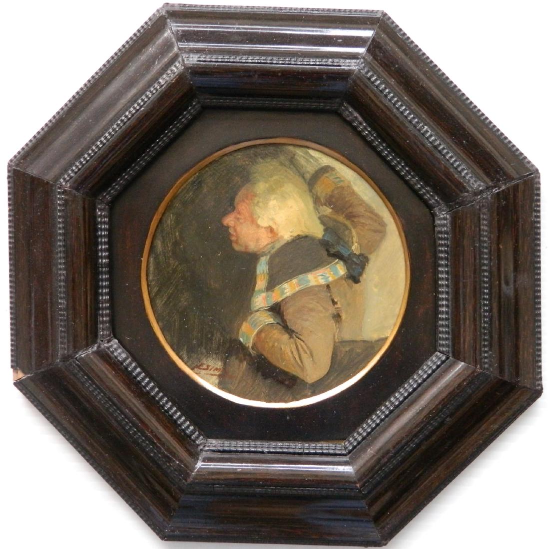Franz Xavier simm oil: Franz Xavier Simm (Austrian 1853-1918)- Profile of a Gentleman- oil on cardboard, signed F. X. Simm lower right, bears a second signature possibly added later, framed. 7 x 7 1/2'' (board)