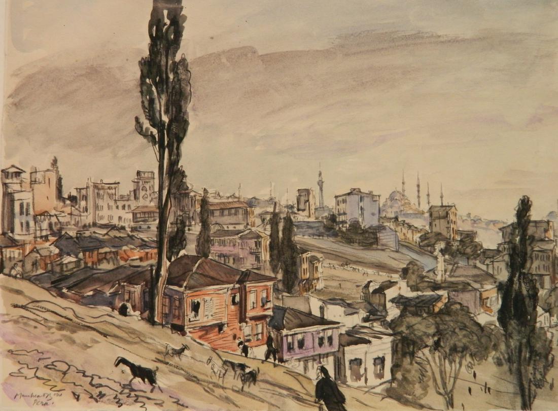 Muirhead Bone watercolor: Muirhead Bone (British 1876-1953)- ''Old and New Pera, Constantinople''- watercolor and graphite on paper, signed Muirhead Bone/ Pera lower left. 10 1/4 x 13 1/2''