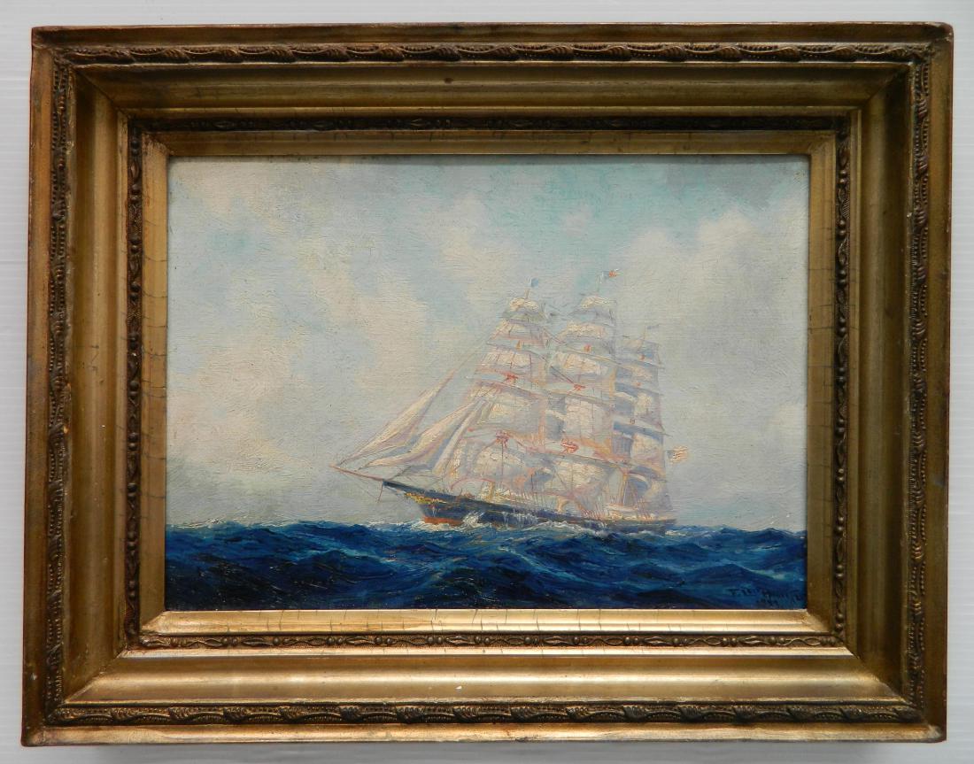 Frederick Leo Hunter oil: Frederick Leo Hunter- Ship at Sea- oil on canvasboard, 1913, signed F. Leo Hunter 1913 lower right, varnish yellowed, minor surface grime, framed. 10 x 14''