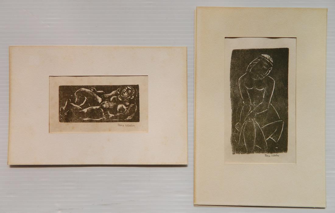 Max Weber 2 woodcuts: Max Weber (American 1881-1961)- ''Reclining Nude''; Woman- 2 woodcuts, both signed in pencil, both fading, Nude also with foxing. 1 7/8 x 4''; 6 3/8 x 3 7/8''