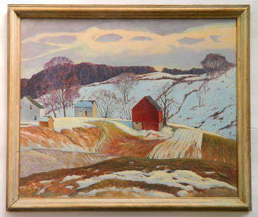 George G. Adomeit oil: George G. Adomeit (American 1879-1967)- Winter Landscape- oil on canvasboard, signed Geo. G. Adomeit lower right, good condition, framed. 25 x 30''