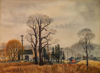 Woldemar Neufeld watercolor: Woldemar Neufeld (American 1909-2002)- Country Road in Late Fall- watercolor on paper, 1942, signed Woldemar Neufeld 1942 lower left, good condition. 21 3/4 x 30''