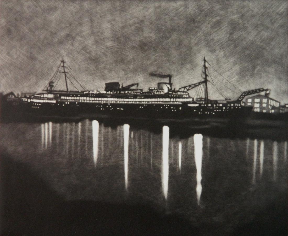 Michele Zalopany mezzotint: Michele Zalopany (American 1955- )- ''Ship''- mezzotint, 2000, signed, dated and numbered 4/27 in pencil, very good condition. 10 1/2 x 12 1/2''