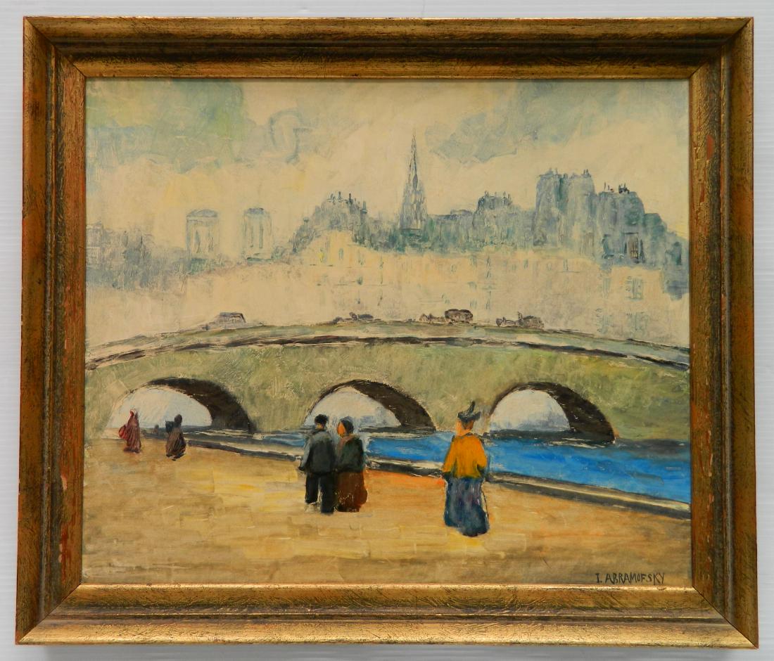 Israel Abramofsky oil: Israel Abramofsky (American 1888-1975)- ''Le Pont Neuf, Paris''- monotype on panel, signed I. Abramofsky lower right, framed. 16 x 19''