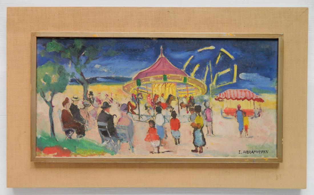 Israel Abramofsky oil: Israel Abramofsky (Ameircan 1888-1975)- Carnival- oil on canvasboard, signed I. Abramofsky lower right, framed, very good condition. 12 x 24''