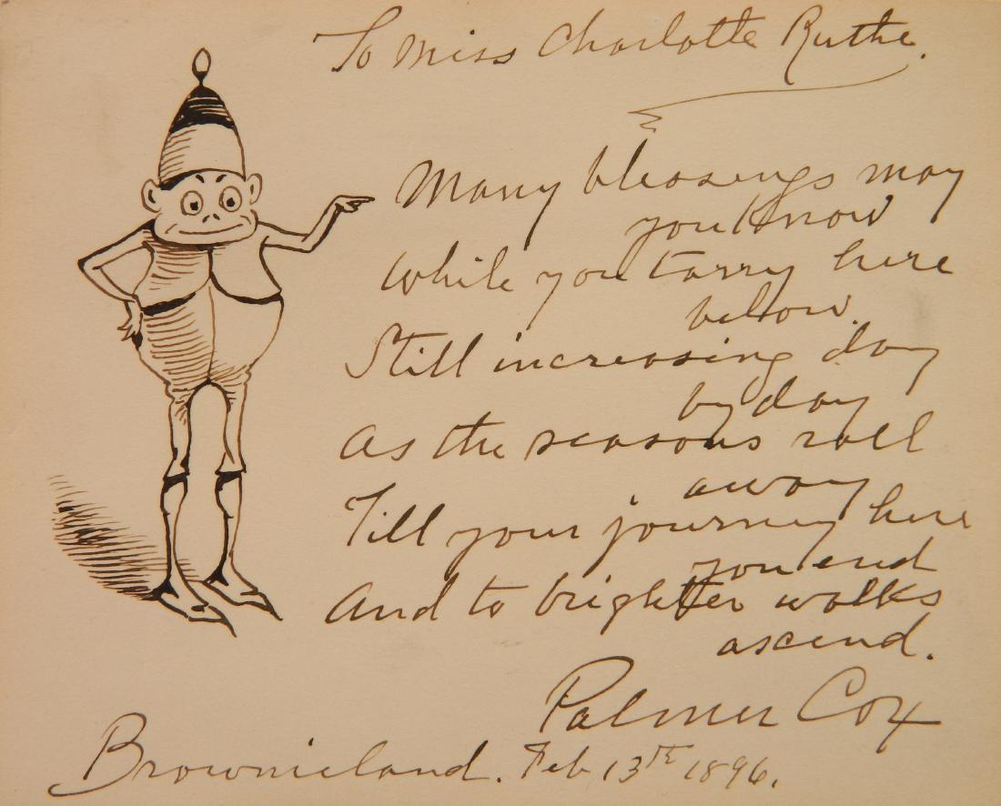 Palmer Cox pen and ink: Palmer Cox (American 1840-1924)- Brownie- pen and ink on card, 1896, signed in ink, age-toned some abrasions verso. 3 1/2 x 4 1/2''