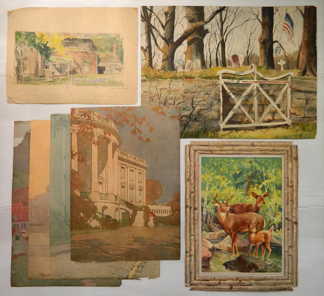 7 Works: 7 Works- 1.) Gated Cemetary- watercolor on paper, 2.) House- watercolor on paper, 1928, signed illegibly in pencil, foxing and tears; 3.)after Charles Hargens- Family of Deer- off-set lithograph repro