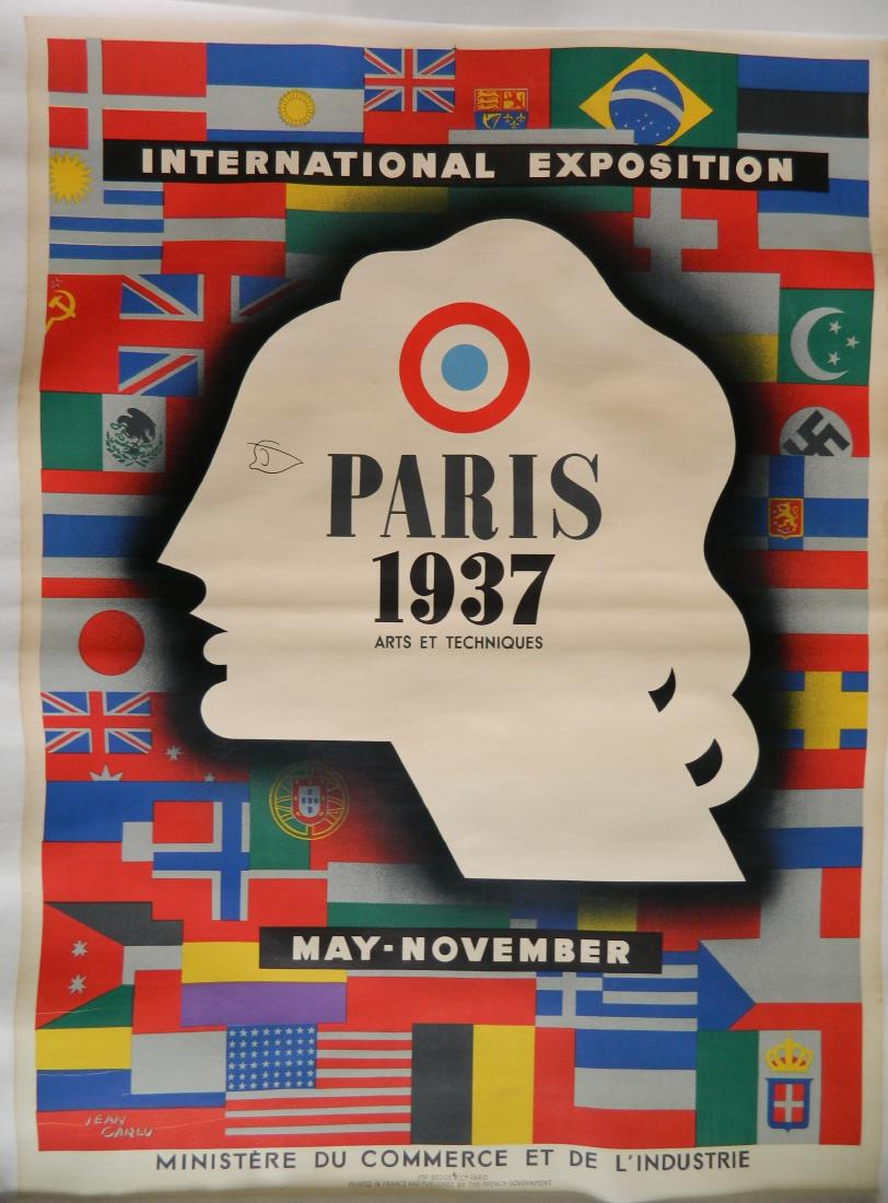 Advertising poster: Advertising poster for Internationale Arts et Techniques Mai-November 1937, designed by Jean Carlu, linen backed. 59 x 44 1/4", 66 1/2 x 50 1/2" (sheet)