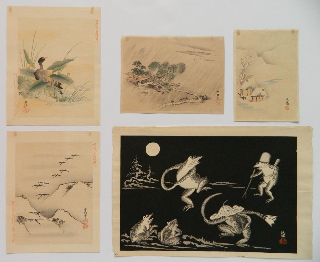 Tomikichiro Tokuriki and others- 5 woodblocks: Tomikichiro Tokuriki (Japanese 1902-2000)- Moon and Frogs- woodblock, published by Uchida; together wtih after Tsunenobu Kano 2 woodblocks (1 in color) of Birds and Flowers scenes, later publication o