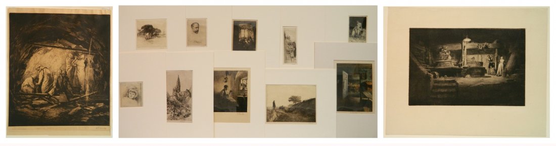 12 Ferdinand Schmutzer etchings: Ferdinand Schmutzer (Austrian 1870-1928)- ''Hollandische Cws'' (2); ''Monastic''; ''Sunday Afternoon''; ''Little Annie''; ''Weiblich Akt''; Cow Herder; ''Antwerp Cathedral''; Bedroom Interior; L. Milt