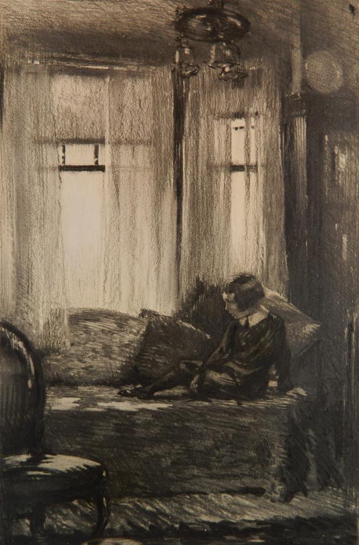 Hillsop Booth charcoal: Hillsop Booth (American 20th c.)- Young Girl on Sofa- charcoal on board, signed 'Hillsop Booth' upper center, good condition. 19 3/4 x 12 5/8''