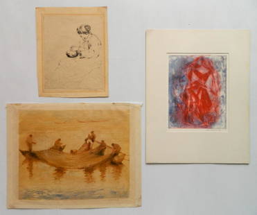 William Meyerowitz 3 etchings: William Meyerowitz (American 1887-1981)- Fisherman; Peeling Apples; Dancer- 3 etchings, each signed in pencil, 'Fisherman' and 'Peeling Apples' with paper toning, otherwise good condition. 12 x 14 7/8