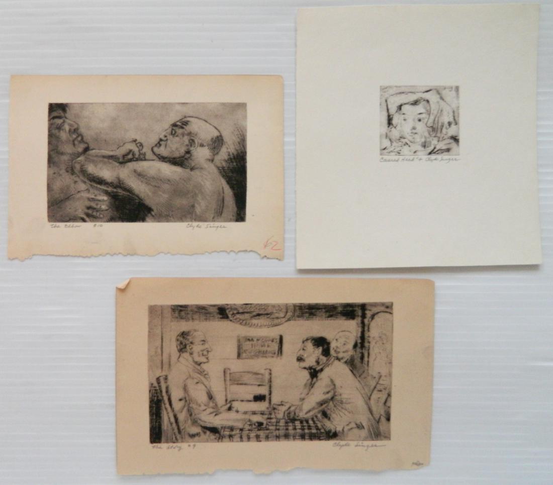 Clyde Singer 3 etchings: Clyde Singer (American 1908-1999)- 1.) ''The Elbow'' (Singer 28)- ca. 1951, #10, edition of 12, minor soiling; 2.) ''Covered Head'' (S.51)- 1954, #4, edition of 5; and 3.) ''The Story'' (S.38?)- 1951,