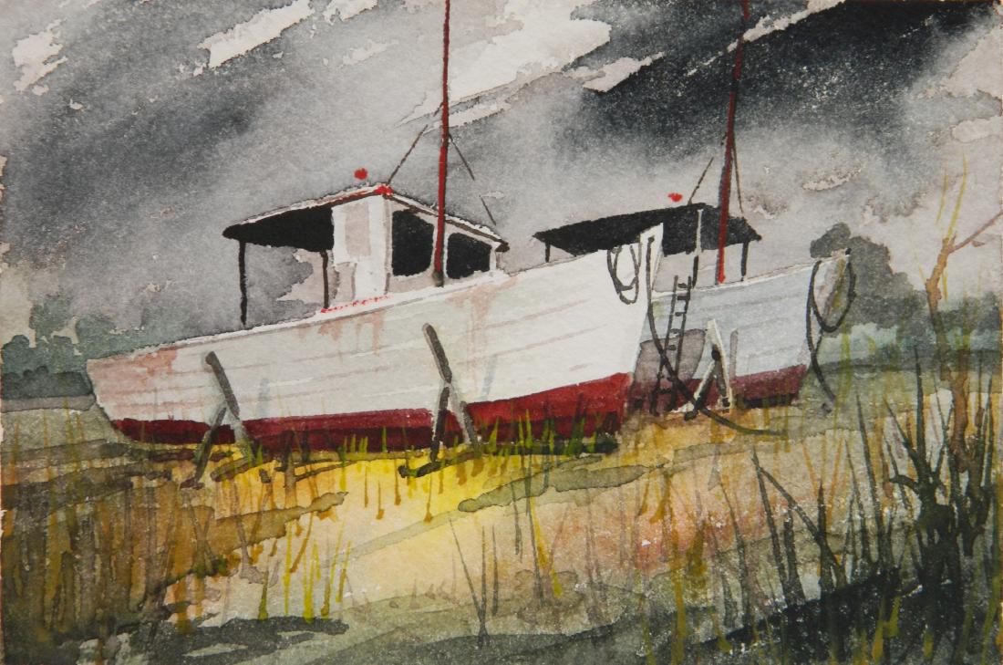 Russell Coley watercolor: Russell Coley (American 20th c,)- Two Boats Drydocked- watercolor on paper, signed Coilley lower right, very good condition. 4 x 6''