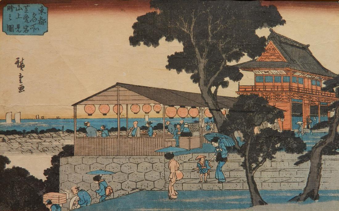 Hiroshige Utagawa woodblock: Hiroshige Utagawa (Japanese 1797-1858)- ''Shiba Atago Sanjo Miharashino-zu''- woodblock in color, form the series 'Toto Meisho' (Famous Places of Edo), paper trimmed, taped to top mat with masking tap