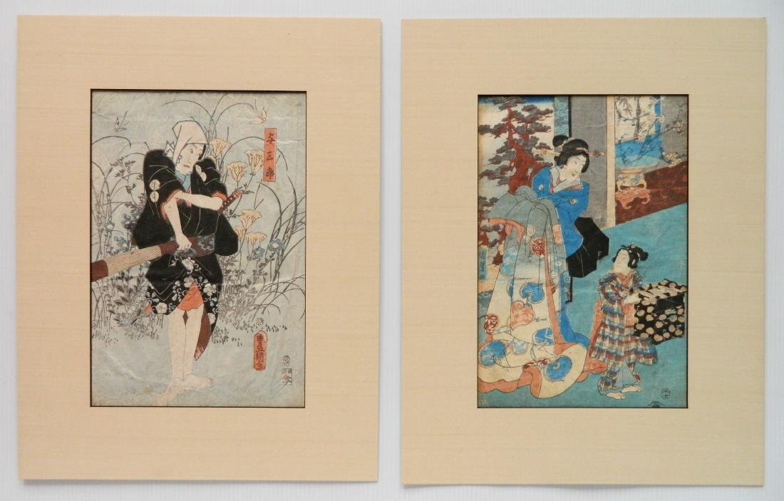 Toyokuni III woodblocks: Toyokuni III / Kunisada Utagawa (Japanese 1786-1865)- Mother and Child in Interior Scene; Hooded Man with Umbrella- 2 woodblocks in color, faded, handling creases, age toned. 13 7/8 x 9 1/4''; 14 x 9 