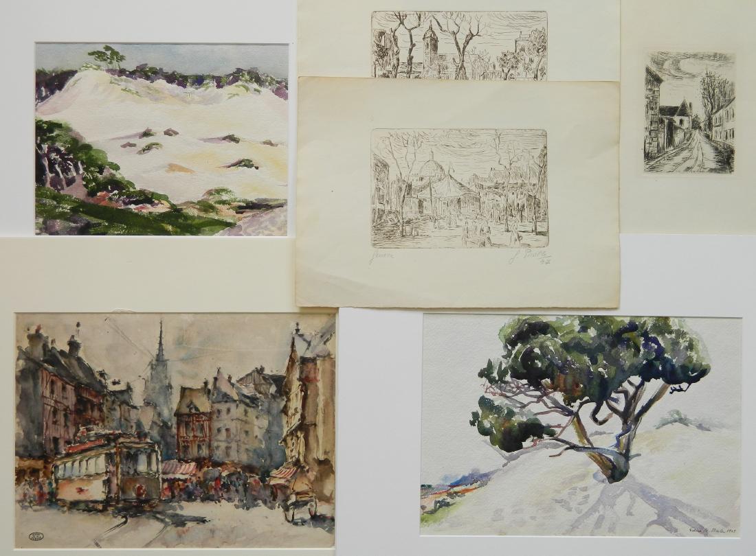 after Maurice de Vlaminck etching: after Maurice de Vlaminck (French 1876-1958)- Rue de Village- etching, 1927; along with 2 landscape watercolors by Edna Martin; a watercolor of a European City Scene; and 2 etchings of street scenes;