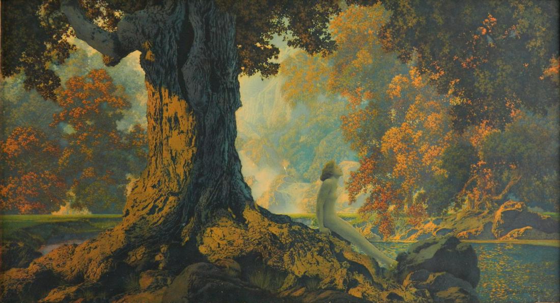Maxfield Parrish chromolithograph: Maxfield Parrish (American 1870-1966)- Dreaming- chromolithograph. 9 1/2 x 17 3/8''