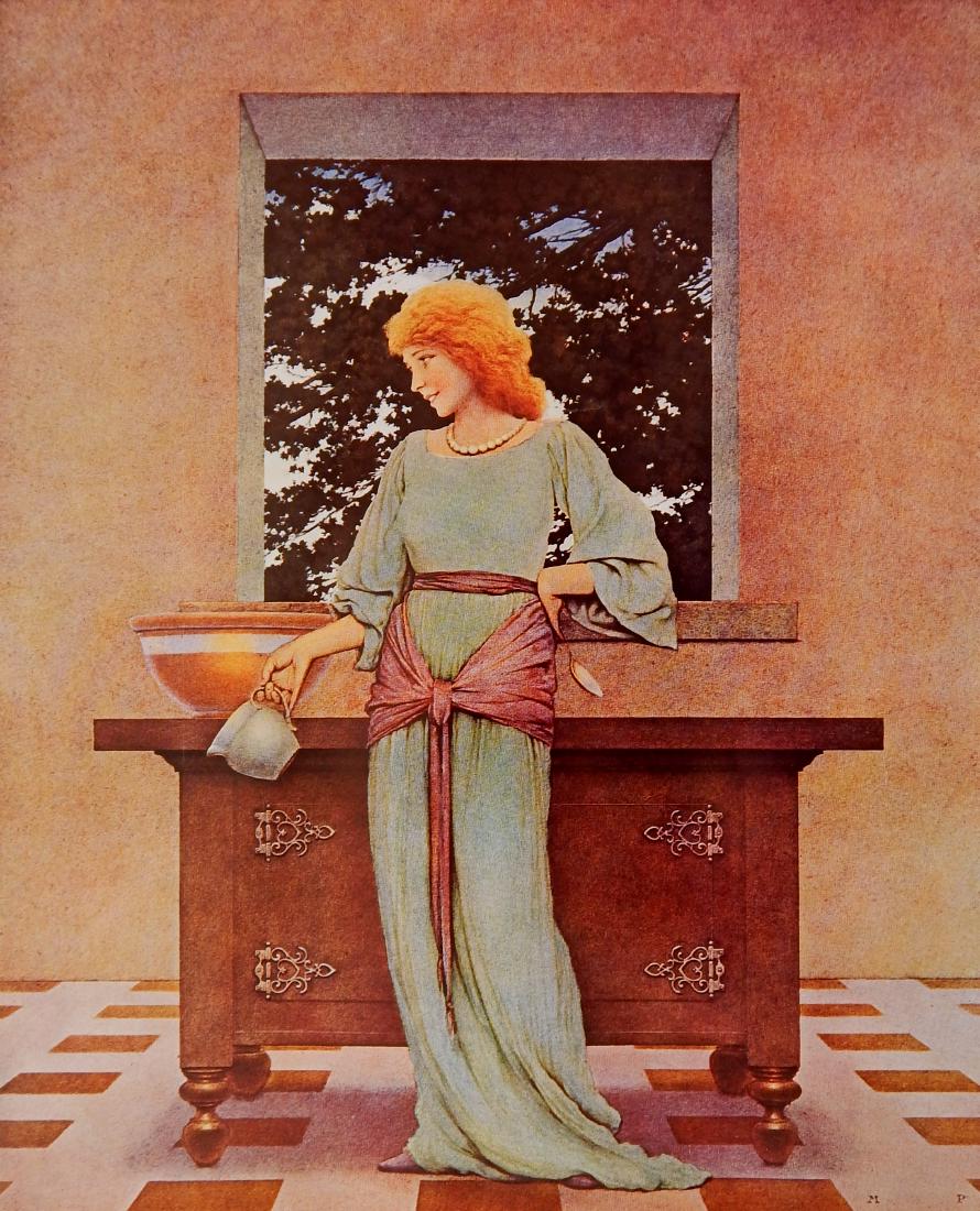 Maxfield Parrish chromolithograph: Maxfield Parrish (American 1870-1966)- ''The Lady Violetta About to Make The Tarts''- chromolithograph, from Knave of Hearts. 12 5/8 x 10 1/8''