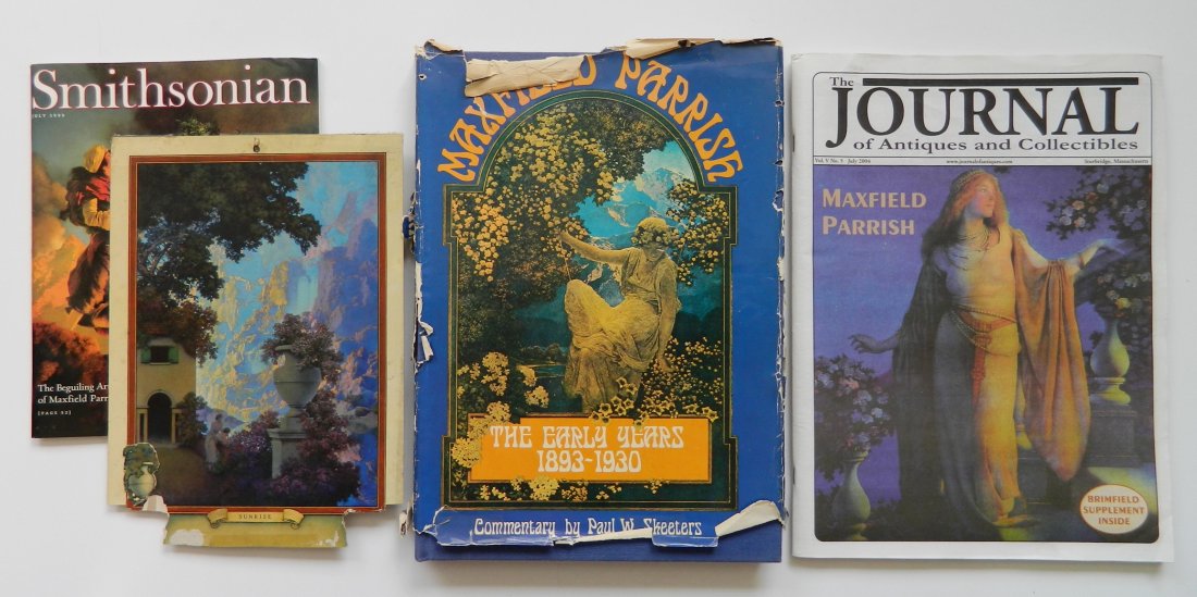 Maxfield Parrish chromolithograph: Maxfield Parrish (American 1870-1966)- ''Sunrise''- chromolithograph, as is; together with books. 9 7/8 x 7''