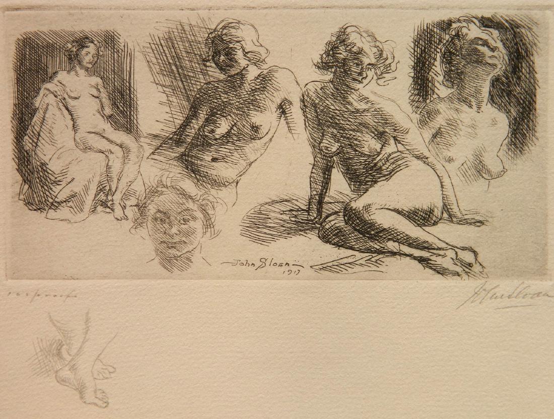 John Sloan etching: John Sloan (American 1871-1951)- ''Nude Sketches'' (Morse 187)- etching, 1917, signed and annotated '100 Proofs' in pencil, only 70 printed, light tape stains verso. 3 1/4 x 6 1/2''