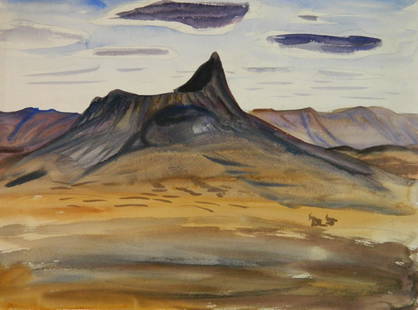 Paul Travis watercolor: Paul Travis (American 1891-1975)- ''Mt. O'longonot (Longonot)''- watercolor on paper, 1928, dated and signed 'Paul Bough Travis' in pencil lower right, titled in pencil verso. 15 x 20''