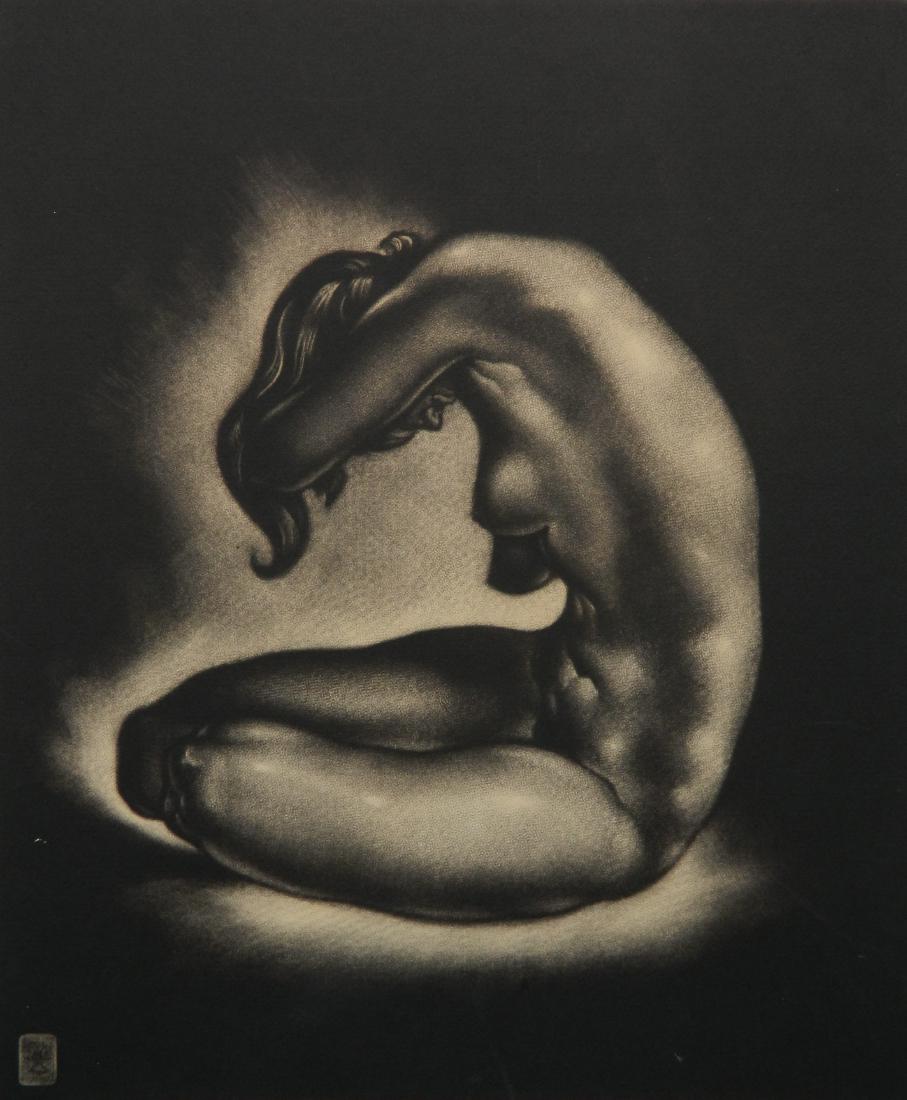 Reynold Weidenaar mezzotint: Reynold Weidenaar (American 1915-1985)- ''Reverie''- mezzotint, signed and titled in pencil, light struck, laid down onto board, small white scratch lower left, plus other minor surface scratches. 12 