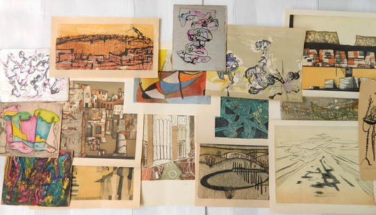 16 Works on paper: 16 Works on paper- 1.) to 4.) Anton- 4 watercolors, 3 signed, soiling, rough edges; 5.) Sidney Hurwitz (American 1932- )- ''Skyline''- 1956, numbered 30/200; 6.) Georges Hem- Landscape- lithograph in