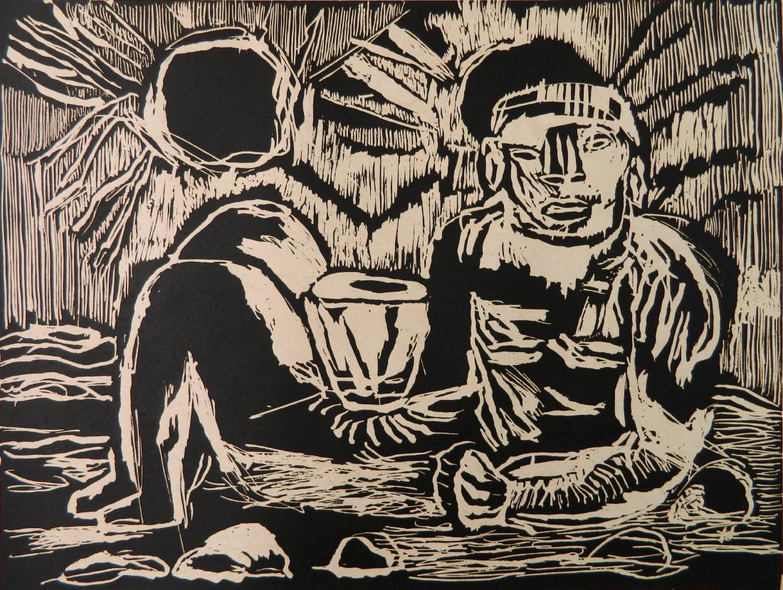 Roberto Juarez woodcut: Roberto Juarez (American 1952- )- ''Two Suns''- woodcut, 1983, signed, titled and numbered 12/15 in pencil, good condition. 17 7/8 x 23 3/4''