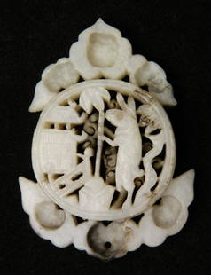 18/19th c. Chinese carved jade pendant: 18/19th c. Chinese carved jade pendant- rabbit in landscape. 2 x 1 1/2''