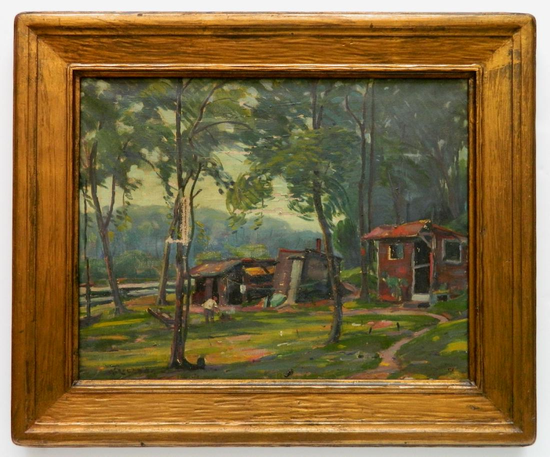 William Greason oil: William Greason (American 1884-1945)- ''Bayou on The Kalamazoo River, Douglas''- oil on canvas, 1934, signed W. Greason lower left, large tear in canvas, several areas where paint is flaking. 17 1/2 x