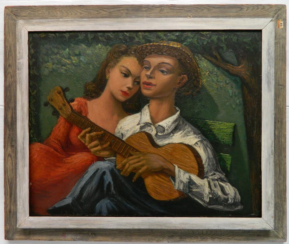 Albert Pels oil: Albert Pels (American 1910-1998)- The Serenade- oil on panel, signed Pels lower right, minor chips and loss at edges. 24 x 30'' Exhibited: Institute; Florida International Art Exhibition, Florida Sout
