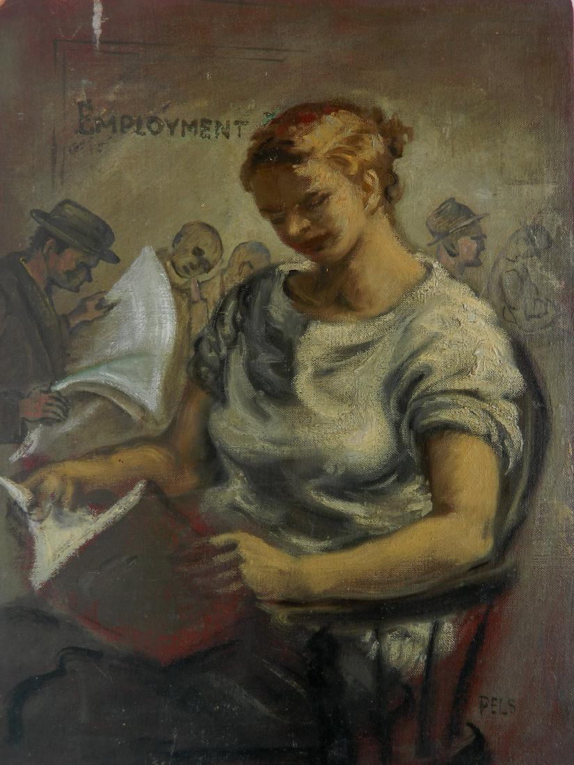 Albert Pels oil: Albert Pels (American 1910-1998)- Employment Office- oil on canvasboard, signed Pels lower right, corners bumped and have paint loss surface abrasion upper left corner. 16 x 12''