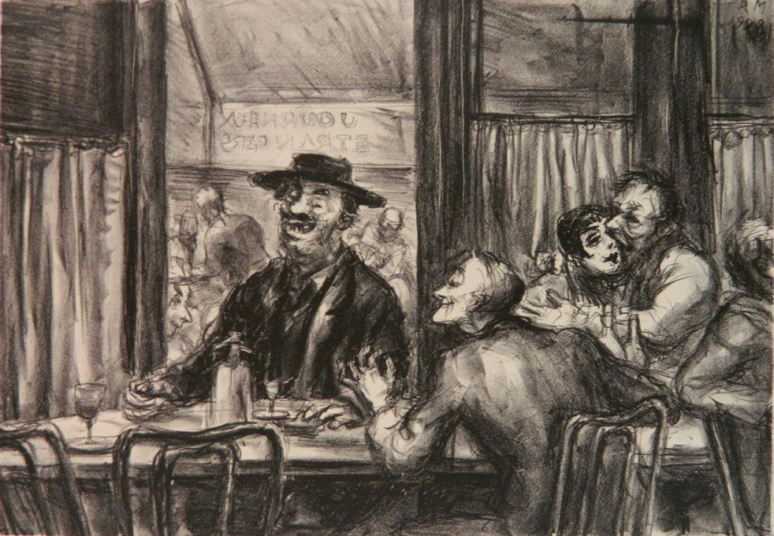 Reginald Marsh lithograph: Reginald Marsh (American 1898-1954)- ''Cafe du Dome'' (Sasowsky 2)- lithograph, on chine appliqued back with heavy wove, 1928, signed and annotated '30 proofs' in paper, very slightly light struck. 8