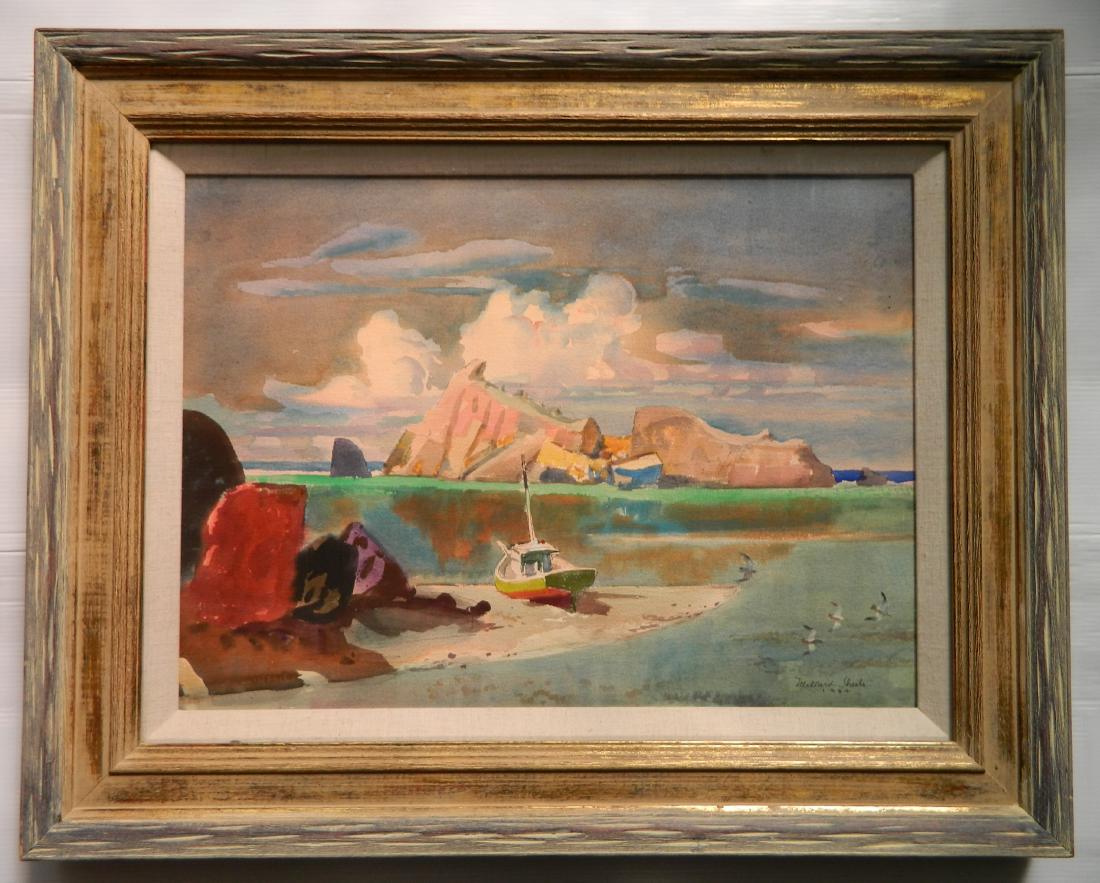 Millard Sheets watercolor: Millard Sheets (American 1907-1989)- ''Bright Morning - Fish Rock Island''- watercolor on paper, 1984, signed Millard Sheets 1984 lower right, framed, very good condition. 21 1/2 x 29 1/2''