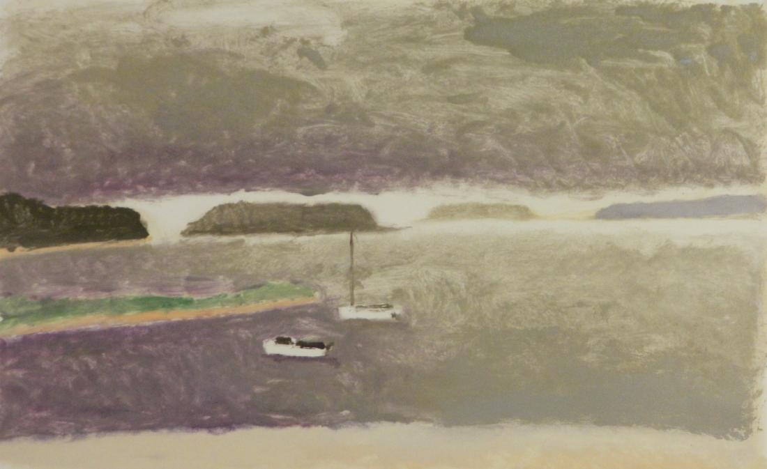 Wolf Kahn monotype: Wolf Kahn (German/American 1927- )- Bay with Boats- monotype in color, 1987, signed and dated in margin. 24 1/8 x 38''