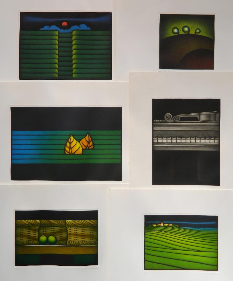 6 Kazuhisa Honda mezzotints: Kazuhisa Honda (Japanese 1948- )- ''110th Landscape''; ''Green''; ''Hillside''; ''Piano and Violin''; ''River'' and ''Two Beans''- 6 mezzotints in color, all signed in pencil, very good condition, var