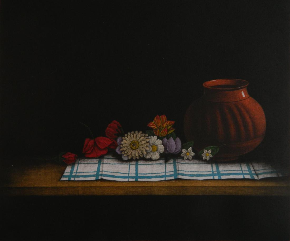 Tomoe Yokoi mezzotint: Tomoe Yokoi (Japanese 1943- )- Still-Life with Flowers- mezzotint in color, signed and numberd 68/100 in pencil, very good condition. 11 x 12 3/4''