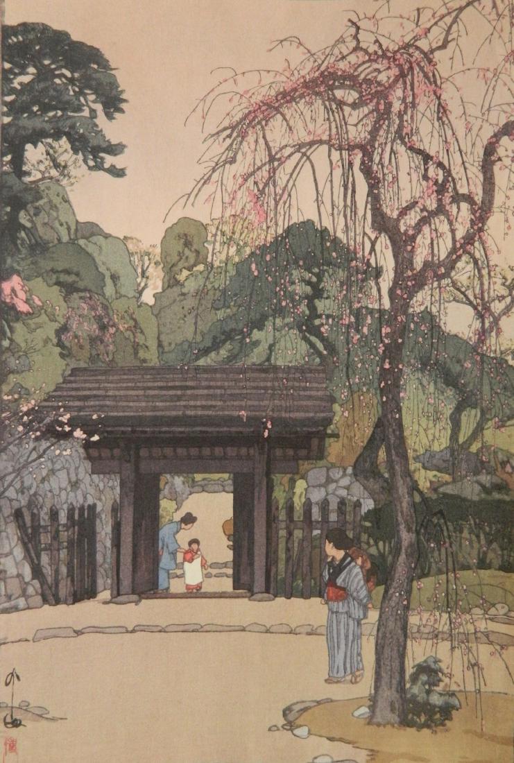 Hiroshi Yoshida woodblock: Hiroshi Yoshida (Japanese 1876-1950)- ''Plum Gateway''- woodblock in color, pencil signature, stamped title and jizuri mark, minor water staining on edges left side. 14 3/4 x 9 3/4''