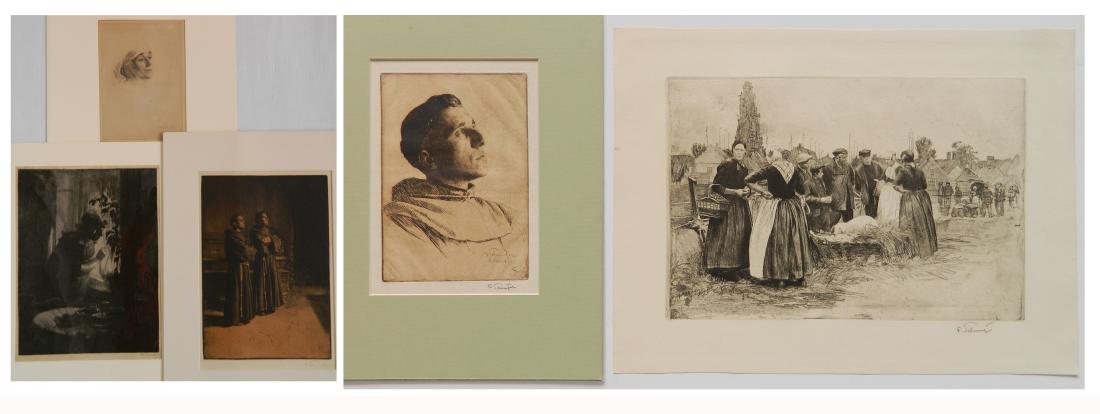Ferdinand Schmutzer 5 etchings: Ferdinand Schmutzer (Austrian 1870-1928)- Die Neugierige; Nun; Brothers; Brother Karl; Country Market- 5 etchings, each signed in pencil, some light struck and wtih foxing in margins, various sizes.