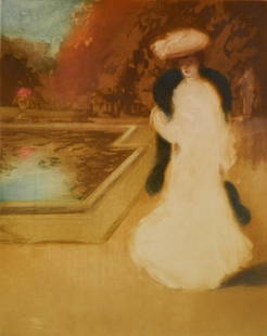 Louis Abel-Truchet aquatint: Louis Abel-Truchet (French 1857-1918)- ''Jeune Femme Dans un Parc''- aquatint in color, 1907, signed in pencil, minor foxing, handling creases. 15 3/4 x 12 1/2''