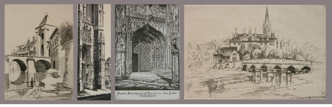 John Taylor Arms 4 etchings: John Taylor Arms (American 1887-1953)- ''Moret-Sur-L'Oing'' (Fletcher 231); ''Puerto Principal de la Iglesia de San Valladolid'' (F. 278); ''Dreux'' (F. 368); and ''Somewhere in Warwickshire'' (F. 417
