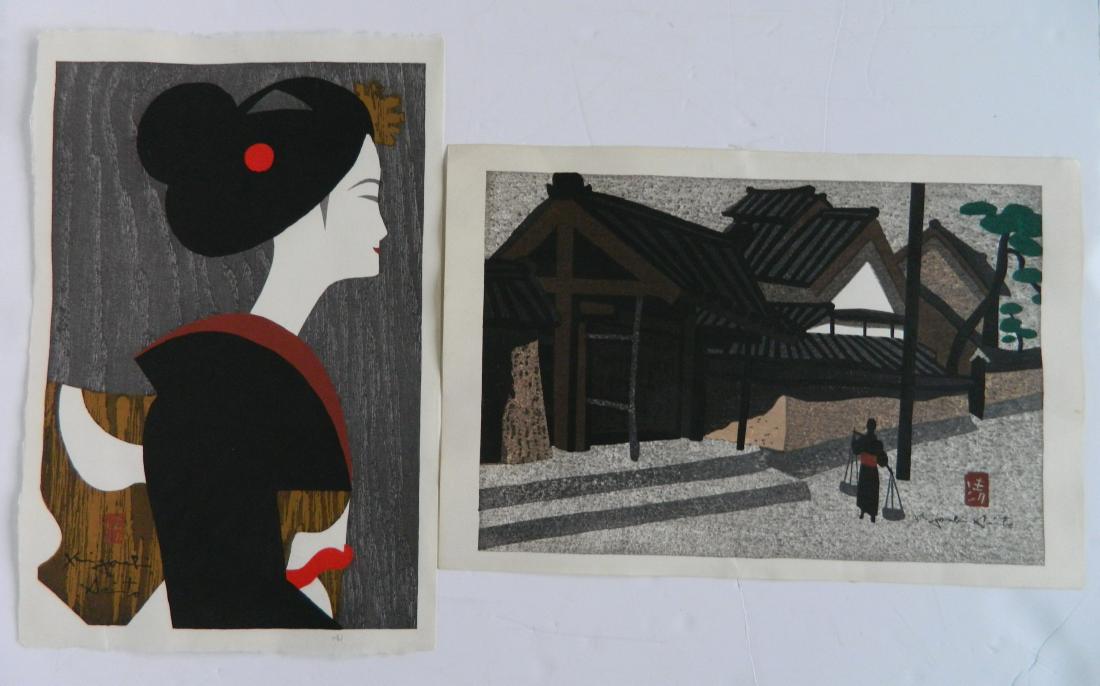 Kiyoshi Saito 2 woodblocks: Kiyoshi Saito (Japanese 1907-1997)- Maiko; Village Scene with Water Carrier- 2 woodblocks in color, 1 signed in image and 1 stamped signature. 15 x 10''; 10 1/4 x 15''