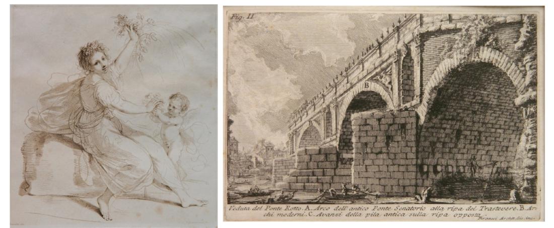 G. Piranesi; F. Bartolozzi - 2 engravings: 2 Engravings- 1.) Giovanni Piranesi- ''Veduta del Ponte Rotto''- light foxing throughout; 2.) Francisco Bartolozzi after Guercino- Portrait- foxing and paper toning throughout. 5 1/16 x 7 5/8''; 9 1/2