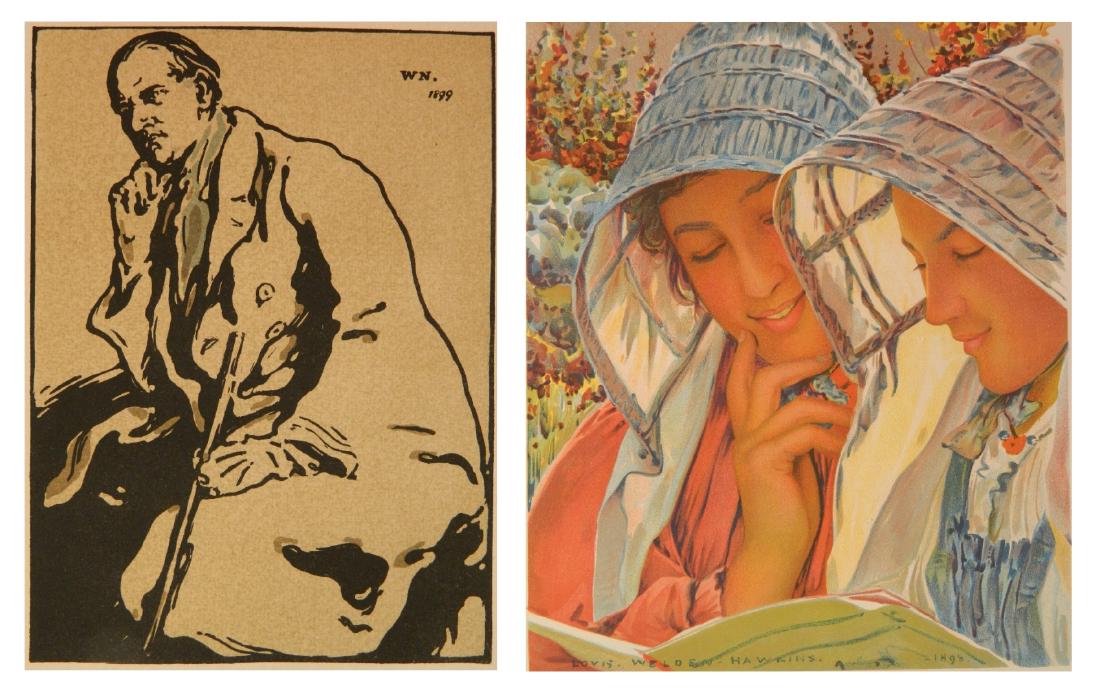 2 British prints - W. Nicholson; L. W. Hawkins: 2 British prints- 1.) William Nicholson (British 1872-1949)- Portrait of James Pryde- woodcut, slightly light struck; 2.) Louis Welden Hawkins (British 1848-1910)- Two Women Reading- lithograph in col