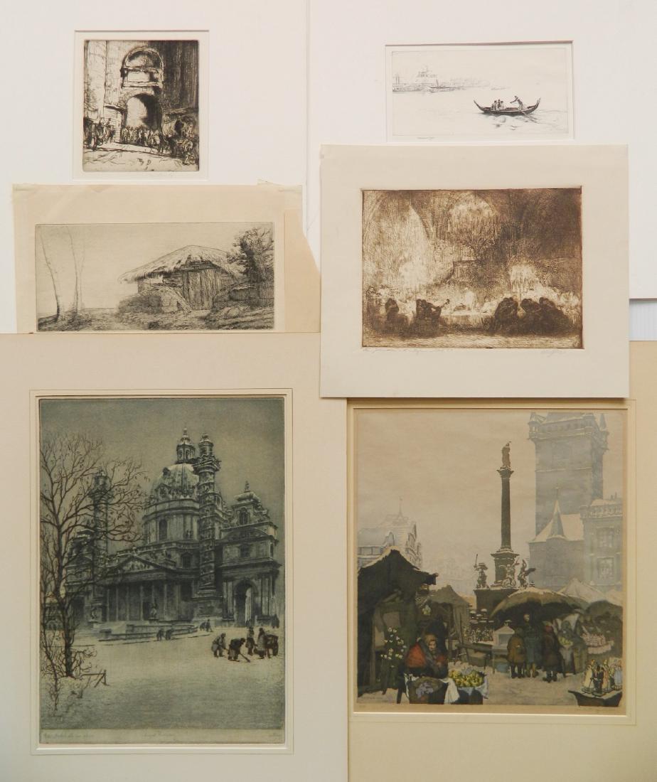 European etchings: European etchings- 1.) Frank Brangwyn- Gate Avila; 2.) Charles Cain- Crossing The Creek; 3.) Alphonse Legros- Thatched Hut; 4.) and 5.) Jaromir Stretti-Zamponi- Street Scenes; 6.) Unknown- Banquet- al